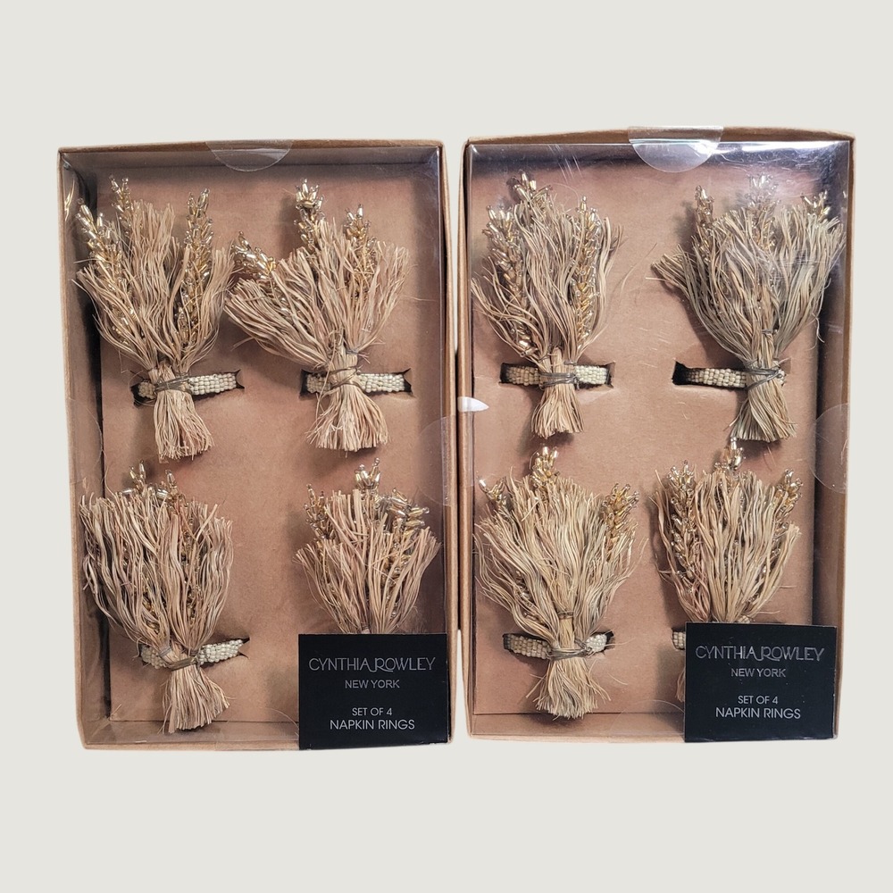 Cynthia Rowley Beaded Raffia Napkin Rings Gold Natural Wheat Thanksgiving Fall